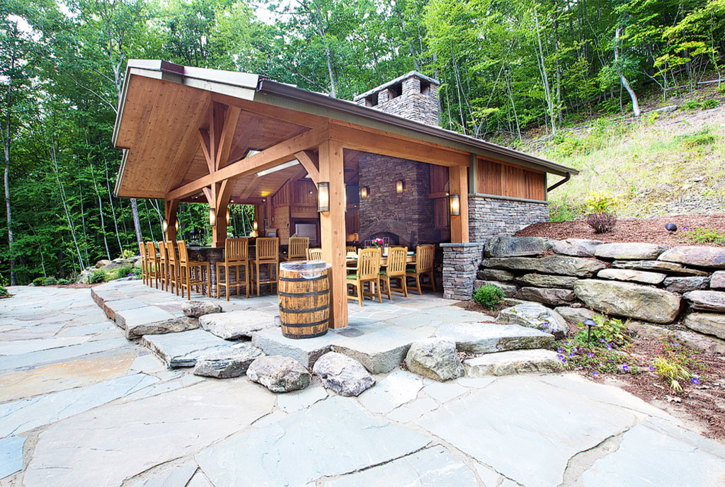 Beaver Mountain Log Homes Gerald Timber Outdoor Kitchen With Fireplace