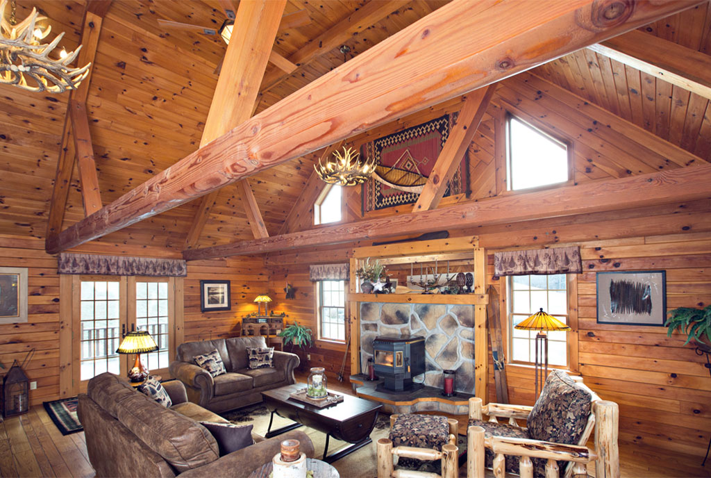 Beaver Mountain Log Homes Lodge Log Home Living Space and Timber Trusses