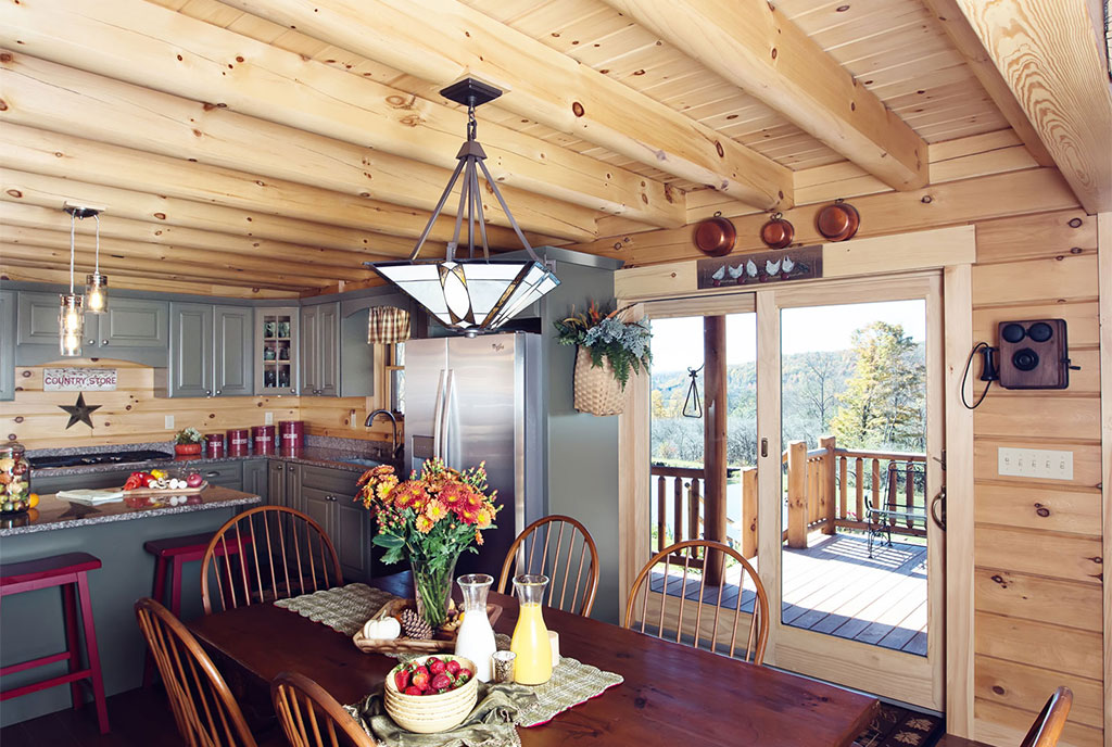 Beaver Mountain Log Homes Mountainview Log Home Kitchen and Dining Table
