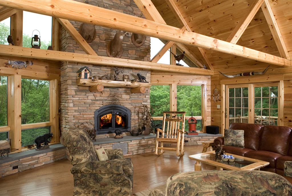 Beaver Mountain Log Homes Foley Log Home Living Area and Timber Trusses