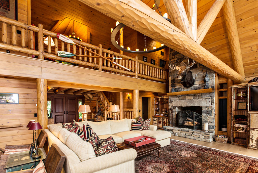 Beaver Mountain Log Homes Green Acres Log Home Living Space and Timber Trusses