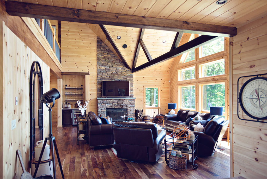 Beaver Mountain Log Homes Valley View Log Home Living Room and Stone Fireplace