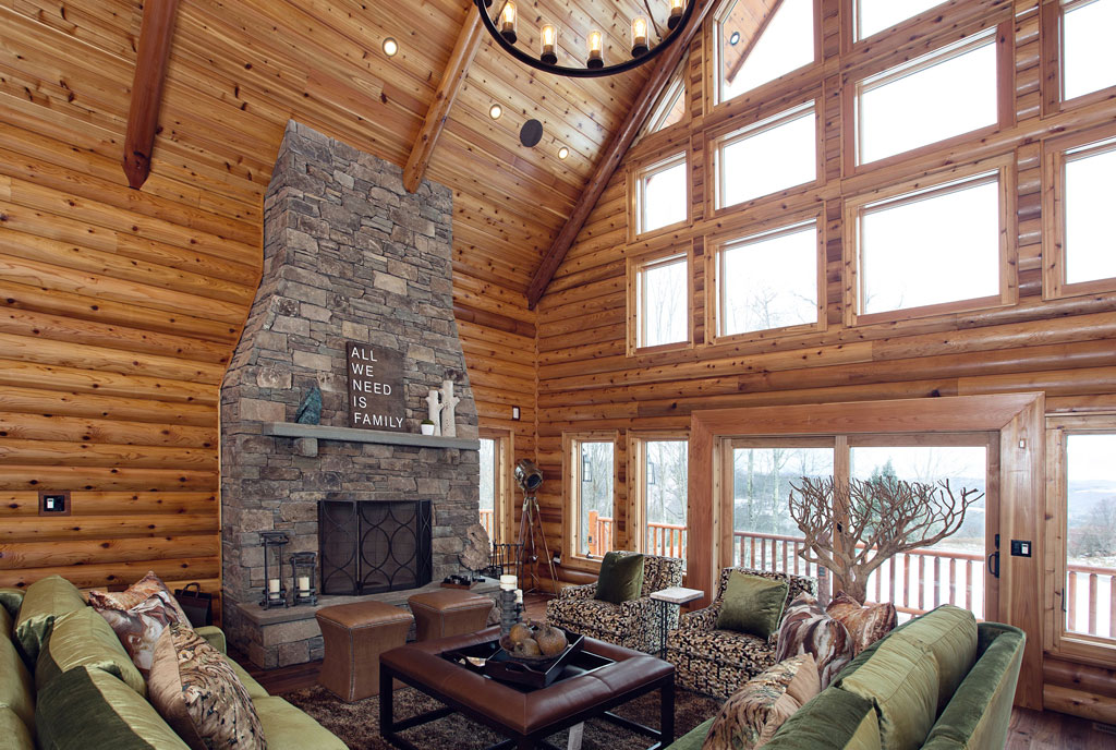 Beaver Mountain Log Homes Cedar Crest Cabin Log Home Stone Fireplace and Living Room