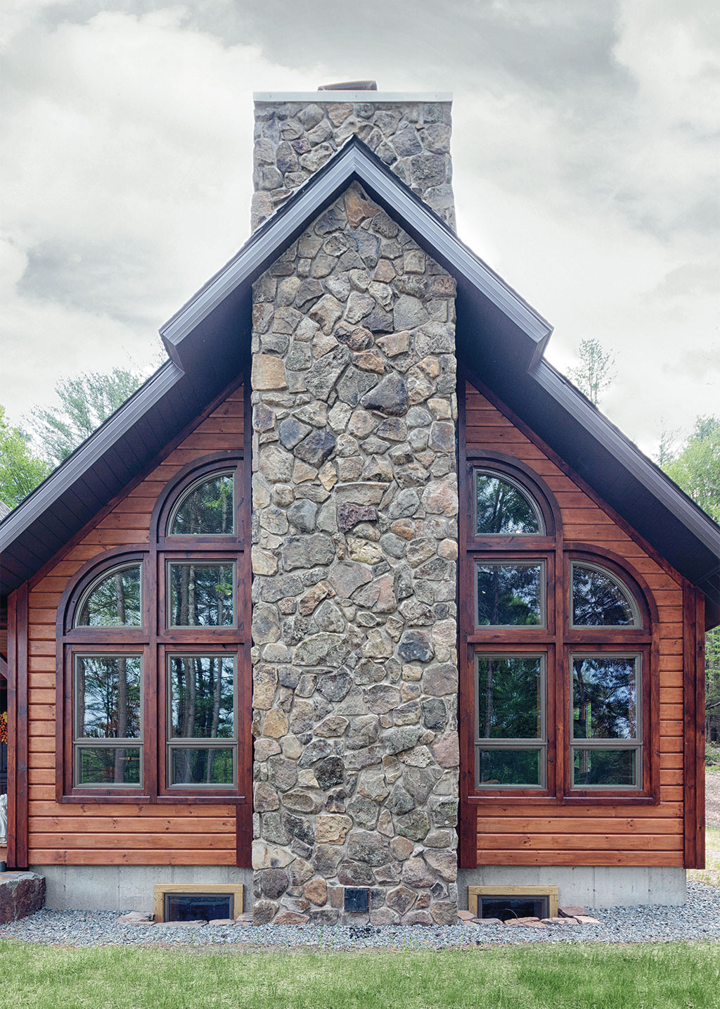 Beaver Mountain Log Homes Black Bear Lodge Timber Home Front Exterior Stone Chimney