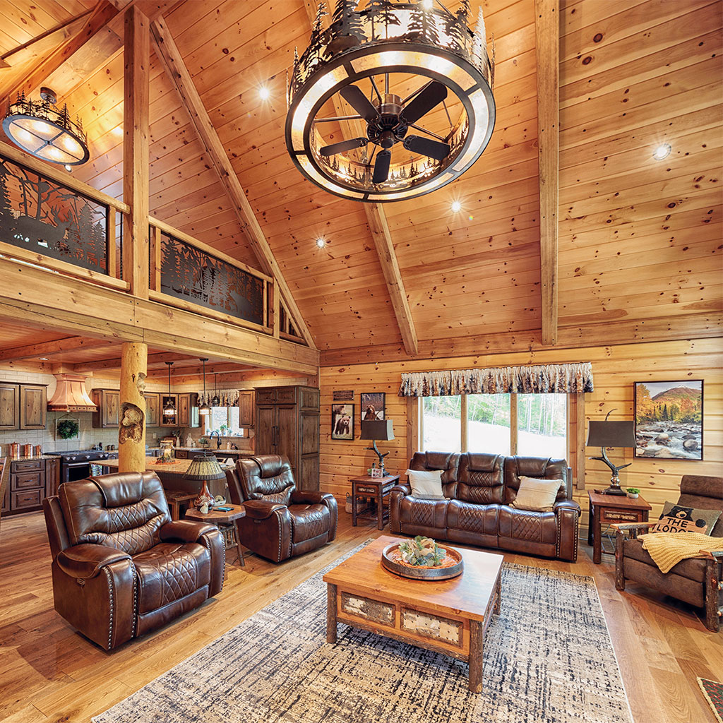Beaver Mountain Log Homes Black Bear Lodge Timber Home Living Space and Kitchen Area
