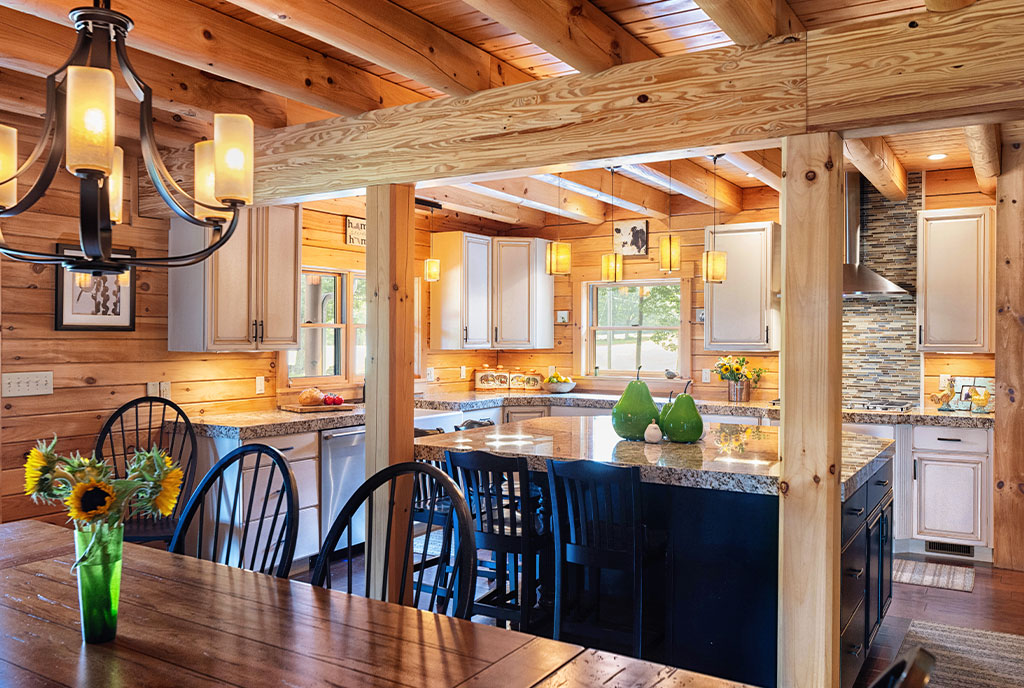 Beaver Mountain Log Homes Wayfarer Lodge Log Home Kitchen and Timbers